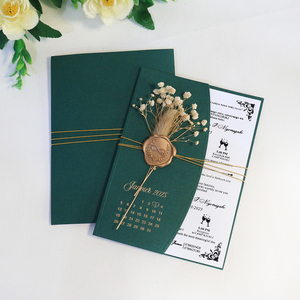 Benutzer definierte elegante Blumen dekoration Mehrere grüne Hochzeits einladung halter mit Goldfolie Save the Date Wax Seal Gold String - Product Image 1