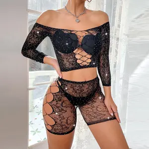 Chic Sexy Mesh Hollow Bodystocking Two-piece Off Shoulder Long Sleeve Erotic Lingerie