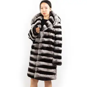 Atacado 90cm longo inverno com capuz casaco chinchilla fur coat istanbul rex rabbit fur coat para as mulheres