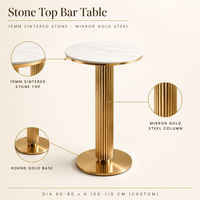 Table de bar ronde avec plateau en pierre frittée, base en acier cannelé doré, table haute de cocktail, fabrication OEM