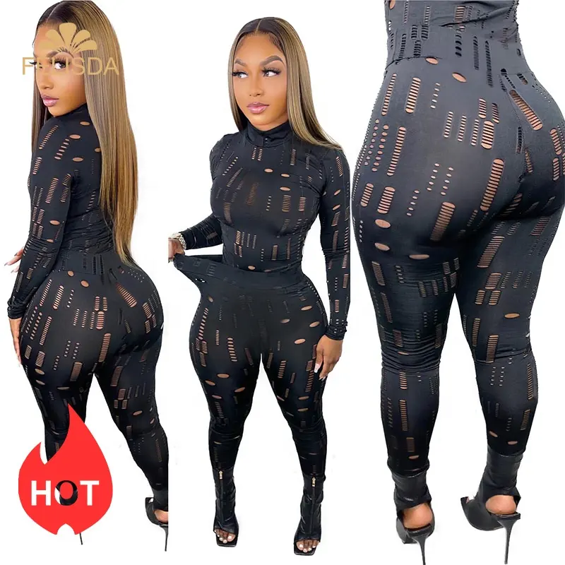 Irregular Hole Spring 2 Piece Black Skinny Fitness Women Tracksuit Sexy Bodycon Leggings Sporty Outfits Two Piece Pants Set