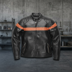 Veste de moto en cuir noir pour homme avec design à blocs de couleur orange, manches longues, coupe-vent, à porter en toutes saisons - Product Image 4
