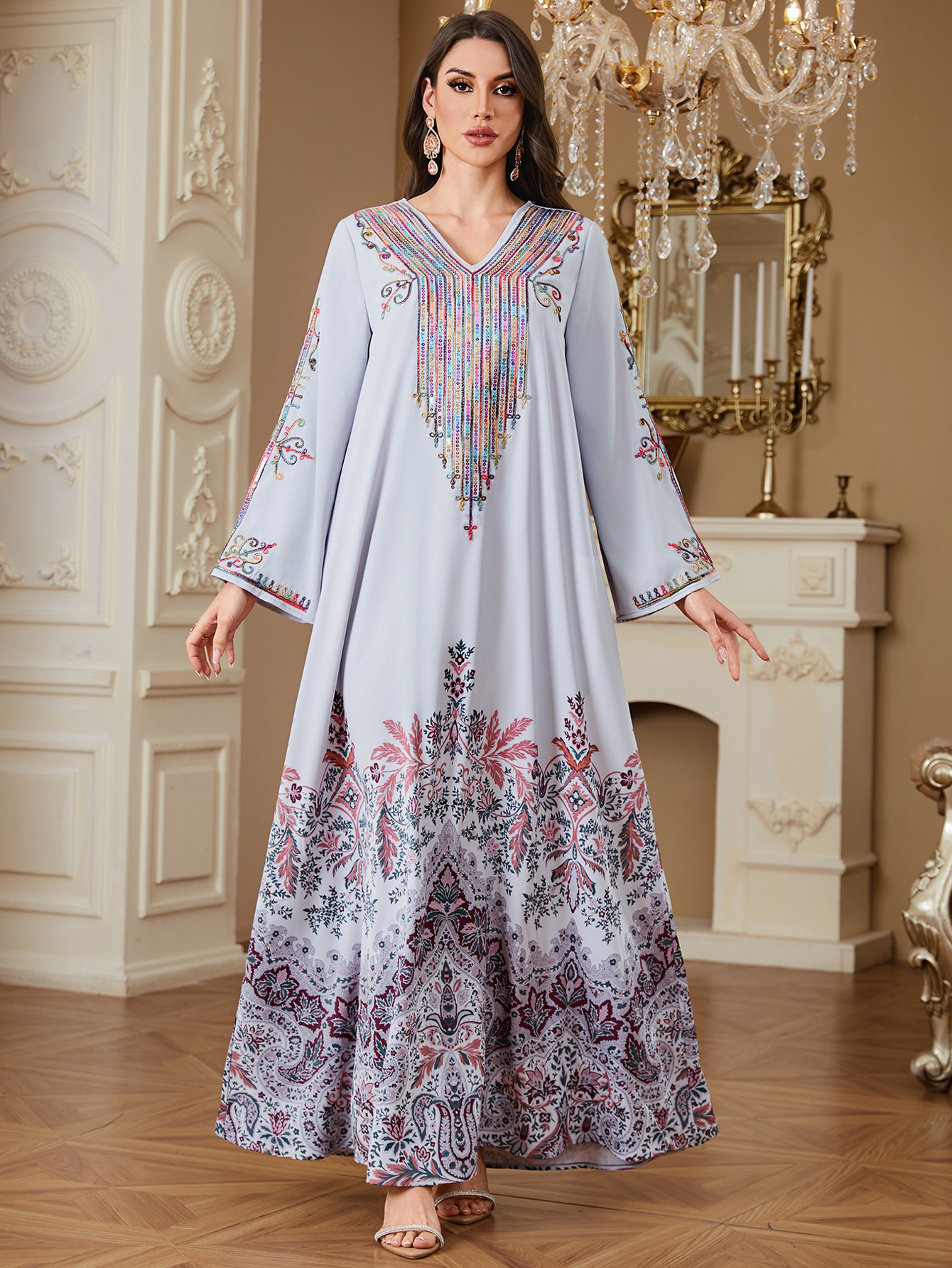 Elegant Abaya Dress - Women's Jalabiya Style - V-Neck Maxi