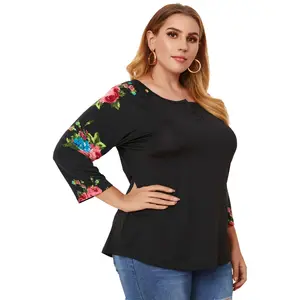 Gebogen Zoom Tee Shirts Bloemen Raglanmouwen Tunieken Vrouwen Plus Size Tops