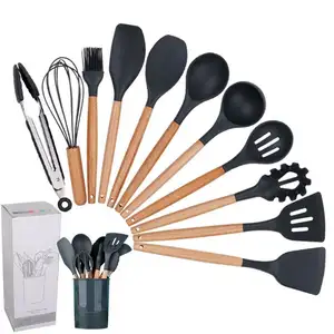 Raybin atacado etiqueta privada conina, antiaderente resistente ao calor madeira 11 12pcs silicone utensílios de cozinha