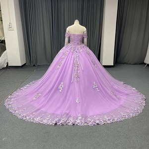 Lsany272 Precioso Vestido de Quinceañera Lavanda con Falda de Gala, Apliques Florales de Encaje con Cuentas, Cola Capilla, Escote Corazón, Maternidad 100% - Product Image 5
