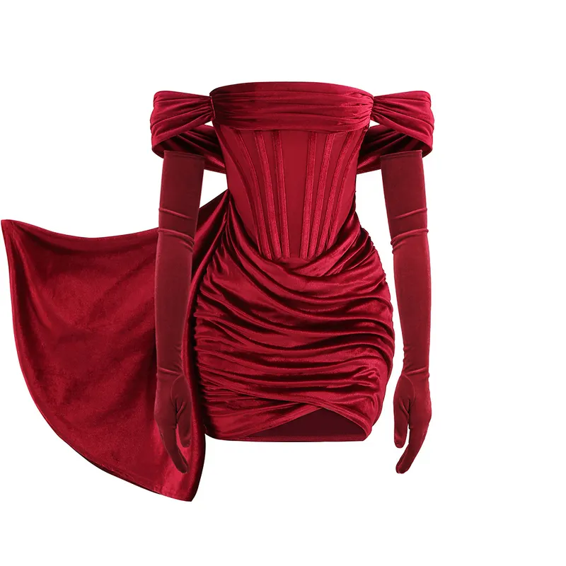 A5965 Newest Christmas Red Off Shoulder Pleated Women Mini Casual Dress