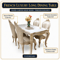 Table à manger longue de style français, une table en bois massif sculpté de style rustique, idéale pour les intérieurs de villas haut de gamme