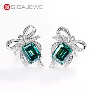 GIGAJEWE 8*10mm Total 10ct Emerald Cut Green Color Moissanite 9K/14K/18k White Gold Earrings