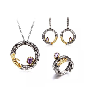 Collier pendentif rond, boucles <span class=keywords><strong>d</strong></span>'oreilles améthyste, ensemble de bijoux, pour la saint-valentin, à offrir à sa petite amie - Product Image 1