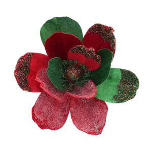 Hot Selling Wholesale Cheap Christmas Ornaments Red Green Snowy Beaded Magnolia Flower Christmas Floral Flower Pick
