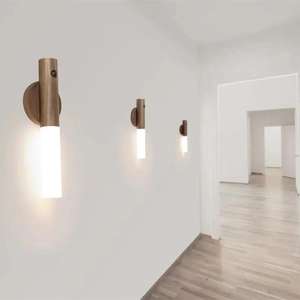 Oplaadbare LED houten moderne bewegingsmelder handlamp voor binnen met gebroken witte kap - Product Image 6