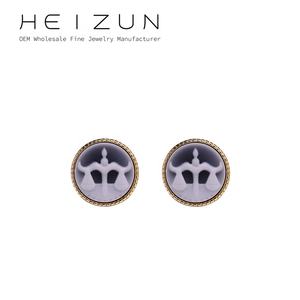 Heizun usine mode sculpté zodiaque <span class=keywords><strong>camée</strong></span> S925 argent plaqué or noir <span class=keywords><strong>Agate</strong></span> astrologique bout aiguille boucles d'oreilles pour femmes bijoux originaux - Product Image 2