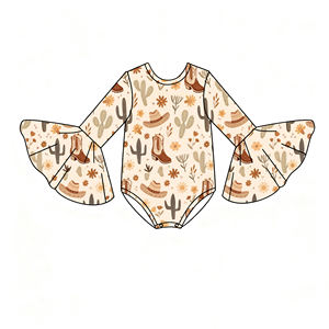 Custom Western Fall Bamboe Baby Meisjes Kleding Bodysuit Cowgirl Cactus Boot Flare Bel Mouw Western Peuter Baby Girl Romper - Product Image 1