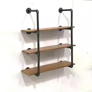 Retro Zwart 3-Tier Rustieke Muur Boekenkast Houten Pijp Planken Industriële Muur Plank