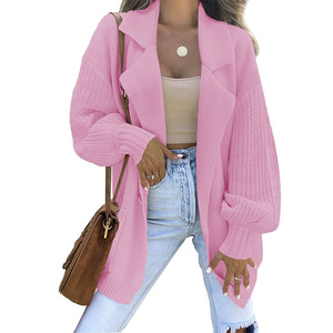 2023 nuevo Otoño/Invierno suéter de mujer cárdigan Color <span class=keywords><strong>s</strong></span>ólido traje cuello manga larga abrigo de punto suéter de moda - Product Image 3