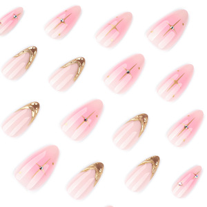 Faux ongles courts en forme d'amande avec strass de style français, tendance, or, 3D, à presser, vente en gros - Product Image 3