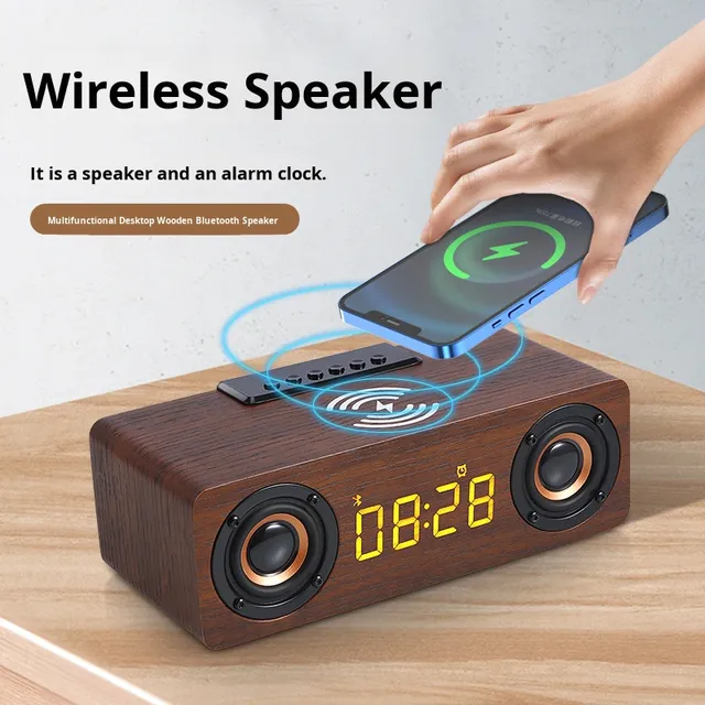 Muti-function Wooden Card Slot USB Drive FM Radio Wireless Charging Clock Bluetooths Speaker