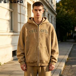 Oem Odm Sweat à capuche zippé épais, style streetwear, avec rivets, clouté, effet délavé à l'acide et vieilli, coupe oversize, vente en gros - Product Image 1
