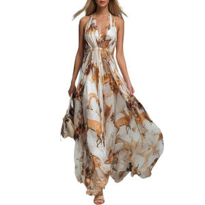 Robe mi-longue décontractée pour femme, imprimée, col halter, sans manches, coupe ajustée, en polyester, avec fermeture éclair - Product Image 5