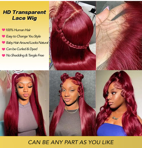 Pelucas de Cabello Humano con Frente de Encaje HD 13x4, Color Rojo Borgoña 99j, Transparentes, Pre-Arrancadas, con Frente de Encaje, Lisas - Product Image 6