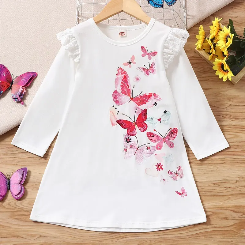 Kids Dresses for Girls Kids Clothes Spring Fall Cotton Lace Butterfly Long Sleeve Girl Dresses Casual Pretty Girls Clothes 1-6Y