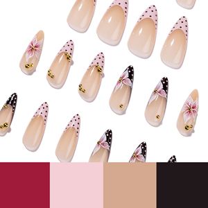Uñas Postizas Francesas 3D Laisense <span class=keywords><strong>con</strong></span> Diseño de Puntos, Diamantes <span class=keywords><strong>Brillantes</strong></span> y Flores, Uñas Almendradas Largas y Puntiagudas, Venta al Por Mayor - Product Image 4