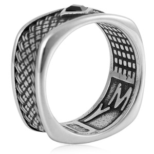 yunnique <b>Men's</b> Silver Bamboo Weave <b>Ring</b> With <b>Black</b> Stone Geometric Design Gift Jewelry - Product Image 3