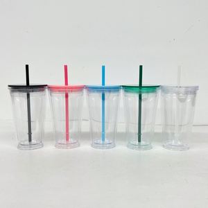 Hot Sell 16oz 24oz <b>Double</b> <b>Walled</b> Acrylic Tumbler with Colorful Lids and Straws 16 oz clear Travel Coffee Beer Plastic Kids Cup - Product Image 1