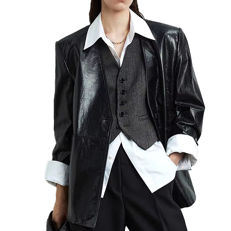 22310 Custom Leather Suit Coat Solid Color Long Sleeves V Neck Genuine Cow Hide Leather Jacket for Women
