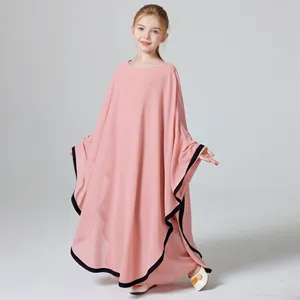 2024 NEW Ramadan Muslim girls two-piece contrast chiffon blouse shawl round neck simple dress Middle East Dubai gown