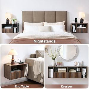 Table de <span class=keywords><strong>chevet</strong></span> flottante cannelée en noyer avec station de charge Table de nuit avec tiroirs <span class=keywords><strong>Chevet</strong></span> avec ports et prises USB (droite) - Product Image 5