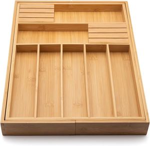 Expandable Utensil Holder and Cutlery Tray Bamboo Cutlery Tray Kitchen Drawer Organizer with Divider and <b>Removable</b> Knife Block - Product Image 3