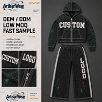 Ensemble streetwear personnalisé pour homme : veste à capuche zippée délavée foncée avec pantalon large à éclaboussures de couleur OEM ODM