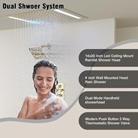 Système de Douche Pluie Double avec Mitigeur 2 Poignées LED, Fixation Murale ou Plafond, Ensemble Robinet avec Douchette à Main, Doré Brossé