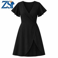 Robe d'été unie Zesheng pour femme, style décontracté, col en V, manches à volants, coupe trapèze, avec poches, mini-robe fluide pour soirée