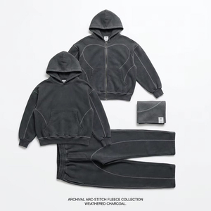 OEM/ODM Custom Logo Men Heavyweight 450GSM Cotton Contrast Stitching Hoodie and Sweatpants <b>Set</b> Oversized Mineral Wash Tracksuit - Product Image 1