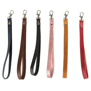 Universal Calfskin Mobile Phone Lanyard Short Business Wrist Strap Solid Color Leather Metal Keychain