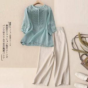 Women's Cotton <b>Linen</b> <b>Set</b> Embroidered Top Three Quarter Sleeve Wide Leg Pants Casual Breathable Spring Summer Style - Product Image 2
