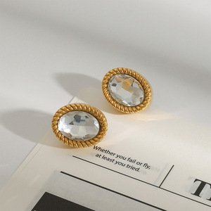 <b>Stud</b> <b>Earrings</b> Oval Glass Stone 18K Gold Bezel Setting Fashion Jewelry - Product Image 1