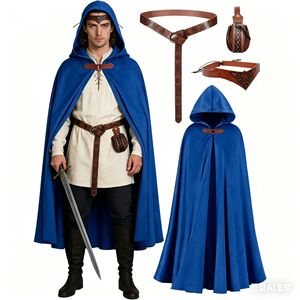 Mantello con Cappuccio Rinascimentale, <span class=keywords><strong>Accessori</strong></span> per Costume Medievale per Uomini e Donne, Mantello per Costume di Halloween, Cintura, Borsa, Bracciali - Product Image 6