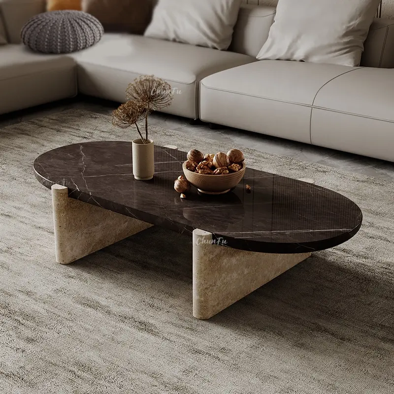 ¡Novedad de 2024! Mesa de centro de madera maciza de mármol ovalado de estilo simple y moderno, mesa de centro de madera travertino