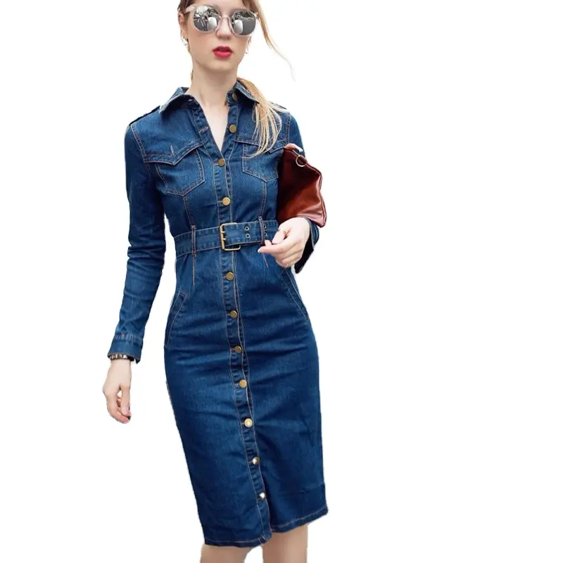 Street Wear Turn-down Collar Simple Denim Jeans Dress Women Casual Denim Dresses