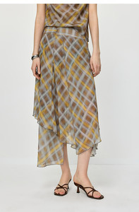 Jupe longue décontractée et tendance pour femme, respirante, naturelle, d'été, tissée, avec fermeture éclair, marron à carreaux - Product Image 4