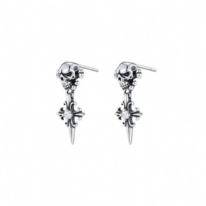 Skull Cross Stud Earrings Tibetan Silver Men Women Hip Hop Style Geometric Design Bezel Setting Fashion Jewelry - Product Image 3