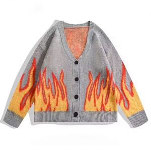 Suéter Personalizado para Hombre, Cárdigan Jacquard con Diseño de Llamas, Cuello en V, Chaqueta de Punto Holgada Informal, Cárdigan para Hombre - Product Image 1