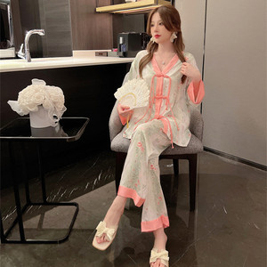 2023 Nighty design pigiama da donna primavera e autunno pigiami a maniche lunghe set da notte in due pezzi da casa per il tempo libero in seta con scollo a V - Product Image 2