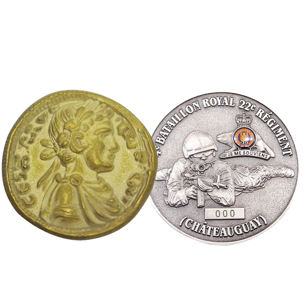 Desafío de latón antiguo 2d 3D personalizado conmemorativo con caja de monedas Embalaje Moneda de metal dorado y plateado