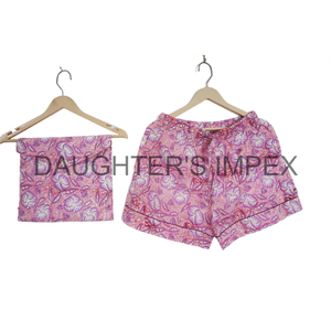 Ensemble de pyjama en coton indien imprimé en blocs pour femmes vêtements de nuit pour demoiselle d'honneur avec pantalon court et chemise - Product Image 3