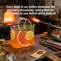 Bouteille en verre transparente carrée de luxe 770 ml pour boissons gazeuses, design décoratif à bulles fait main